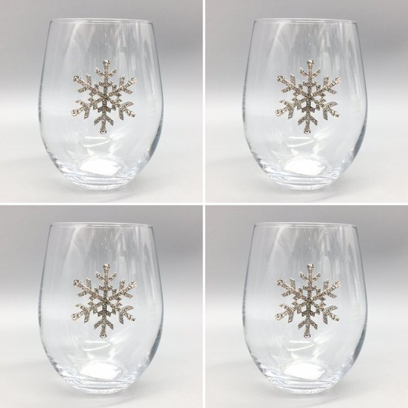 4 Christmas Rhinestone Snowflake Stemless Wine Glass Set Silver Jeweled Holidays - Picture 2 of 9